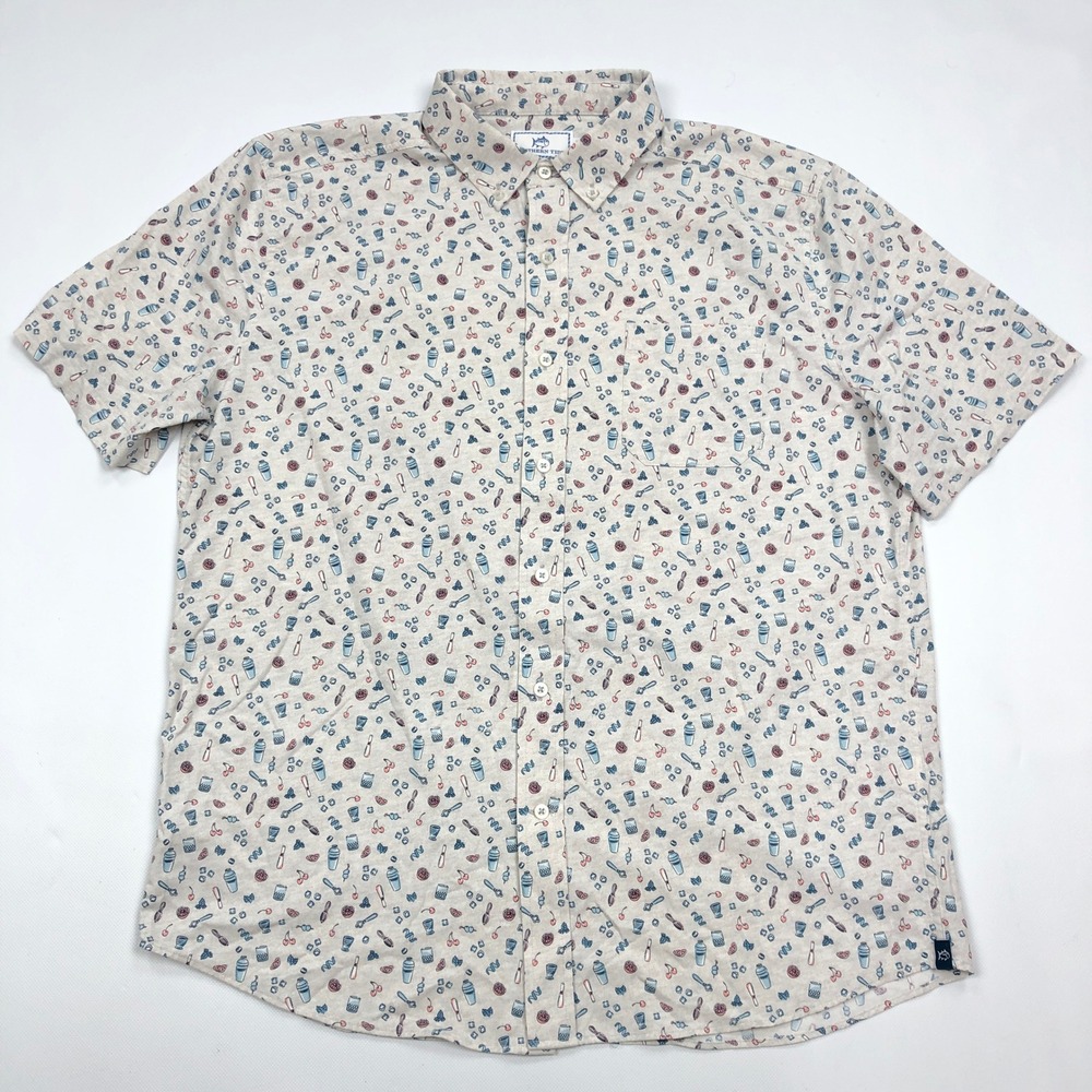 Southern Tide Intercoastal Mens Large Grey Cocktail Print Short Sleeve Shirt